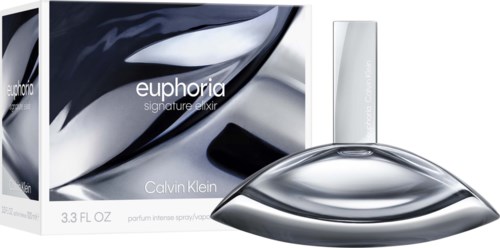 Calvin Klein euporia perfume with a sleek, curved glass bottle and a white spray cap.