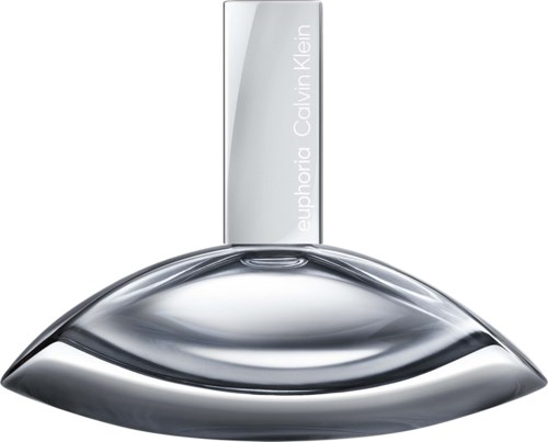 A sleek, modern bottle of Calvin Klein Eau de Parfum in silver and black with a curved design.