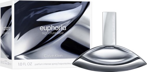Calvin Klein Euphoric perfume box with a sleek, silver perfume bottle and a white fragrance refill.