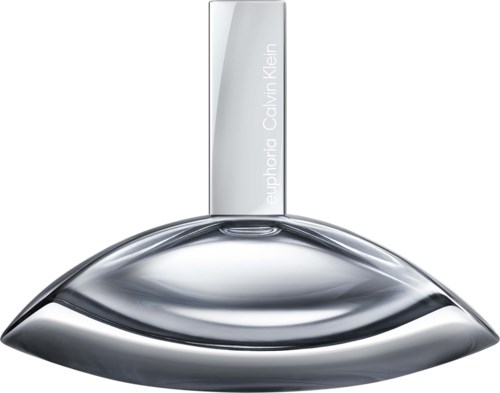 A sleek, shiny perfume bottle with a curved shape and a tall, silver cap labeled Calvin Klein.