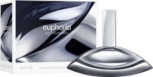 Calvin Klein Euphoria Signature Elixir perfume bottle with silver curved cap next to its box showing black, gray, and white abstract design.