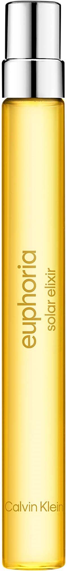 Een lange, gele fles met een zilveren dop, gelabeld Euphoric solar elixir door Calvin Klein.