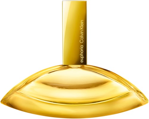 Een gouden parfumfles met een lange gele dop en een slank ontwerp. Het label leest "euphoria Calvin Klein."