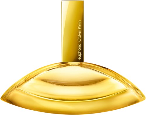 Een gouden parfumfles met een slank, gebogen ontwerp en een minimalistisch label met Euphoric Calvin Klein.