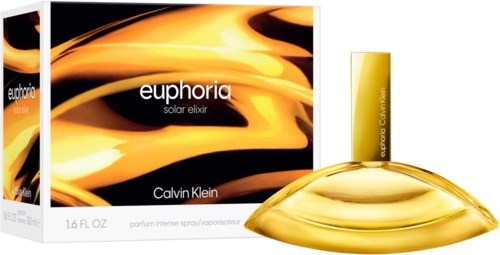 Euphoria zonne-elixer parfumfles en doos met geel en zwart ontwerp.