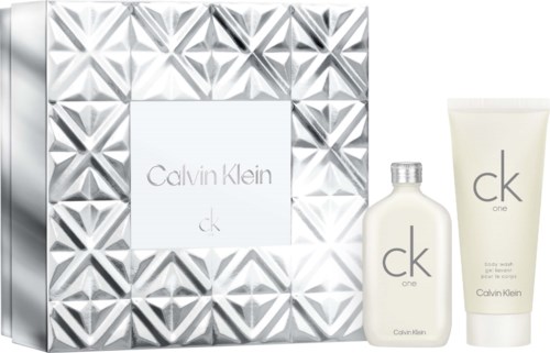 Calvin Klein gift set with a decorative silver box, containing a small bottle and tube of CK One body wash.