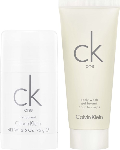 Calvin Klein ck one deodorant and body wash in white bottles with grey text.
