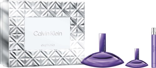 Calvin Klein Euphoric perfume set with silver patterned box and purple bottles.