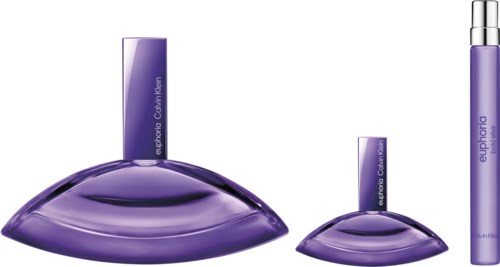Three purple perfume bottles in different sizes with caps, and a spray perfume bottle to the right.