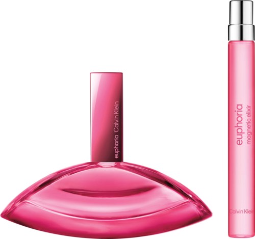 Euphoria perfume bottle and test mist with pink packaging from Calvin Klein.