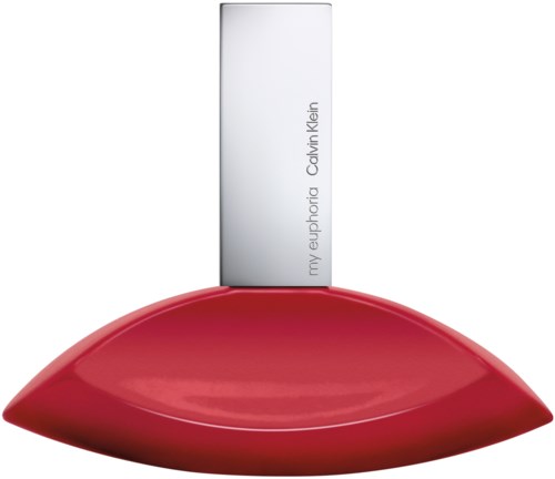 Lippenstift met een rode, gebogen basis en een hoog, zilverkleurig deksel met Calvin Klein-merk.