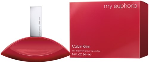 Een Calvin Klein parfumfles en doos, vooral rood, met de naam 'my euphoria' en maatgegevens.
