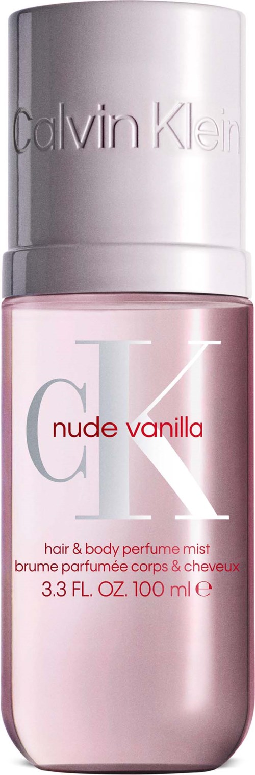 En rosa Calvin Klein nude vanilla parfyme mist med sølvhette og gjennomsiktig etikett som viser produktdetaljer.
