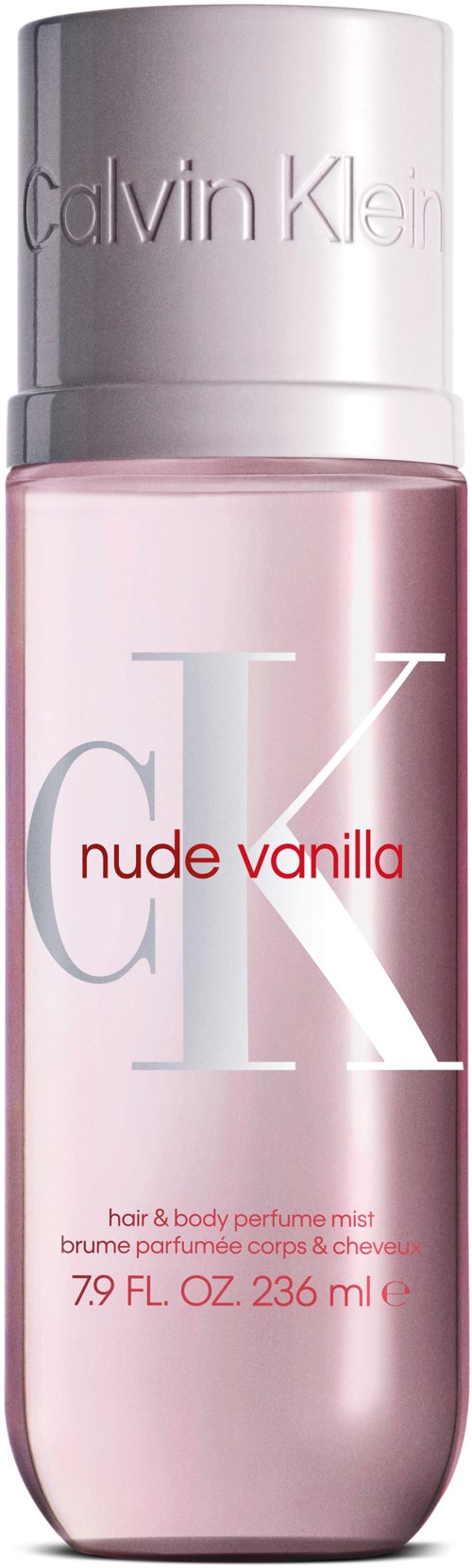 Roze fles met 'Calvin Klein' label, genaamd 'nude vanilla', bevat haar- en lichaamsparfum mist.