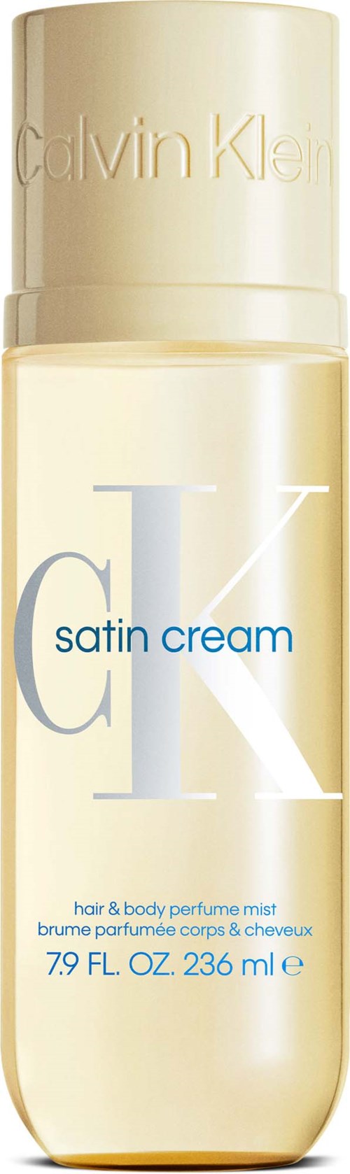 Calvin Klein satin cream hår- och kroppssprayflaska med beige lock och krämfärgad etikett.