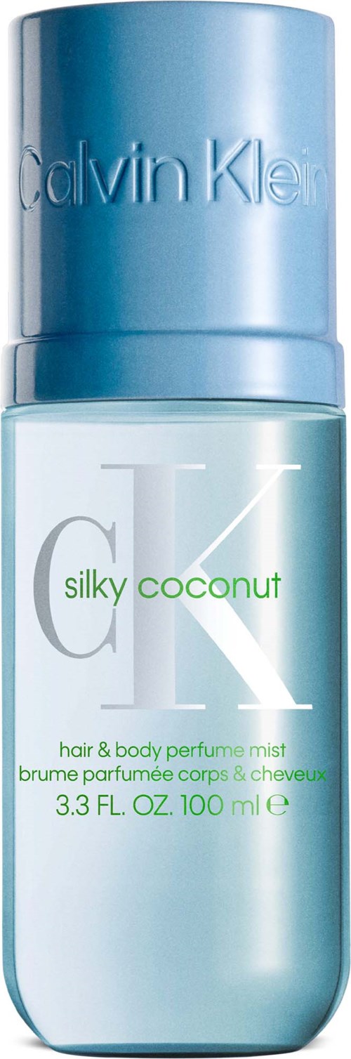 En Calvin Klein silky coconut parfyme spray i en lys blå flaske med matchende lokk.
