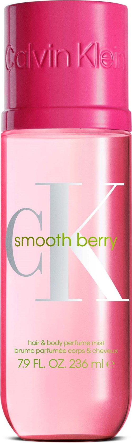 En rosa flaske av Calving Klein CK Smooth Berry hår- og kroppsduftr mist med rosa lokk og logo.