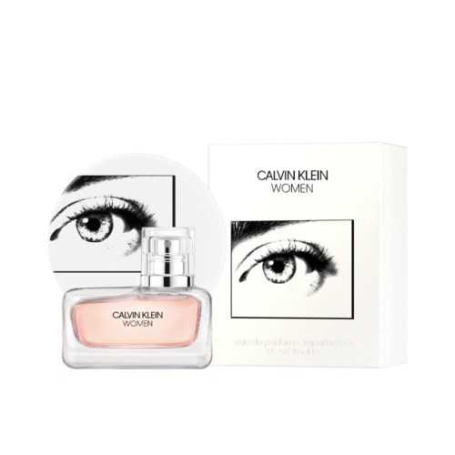 Calvin Klein Women parfumfles en doos met oogillustratie en zwart-wit thema.