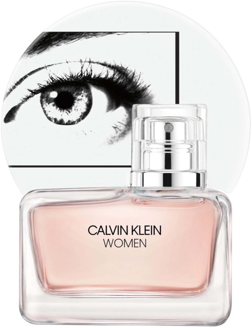 Een fles Calvin Klein Women-parfum voor een zwart-wit oogillustratie.