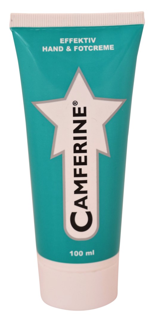 En turkos tub märkt Camerine, effektiv för hand- och fotvård, innehåller 100 ml. Enkel och ren förpackningsdesign.