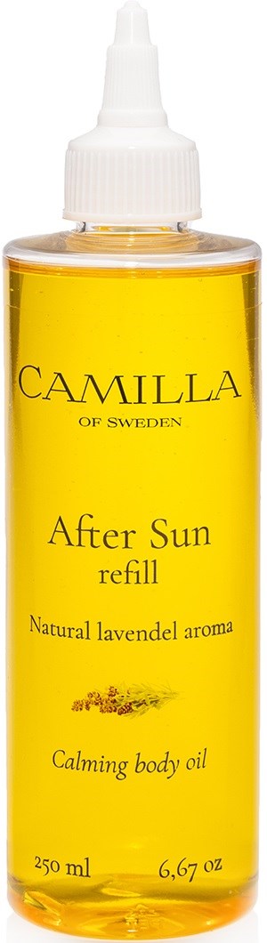 A yellow bottle with a white cap contains calming body oil with lavender scent. It is called Camilla After Sun refill.