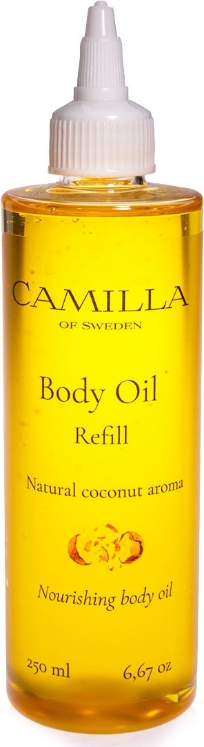 Gelbe Nachfüllflasche für Körperöl mit weißem Sprühkopf, beschriftet 'Camilla of Sweden' und 'natürliches Kokosaroma.'