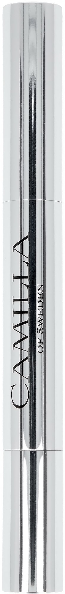 Ein silberfarbiges, zylindrisches Kosmetikprodukt mit schwarzen und weißen Text. Es scheint Mascara oder Eyeliner zu sein.