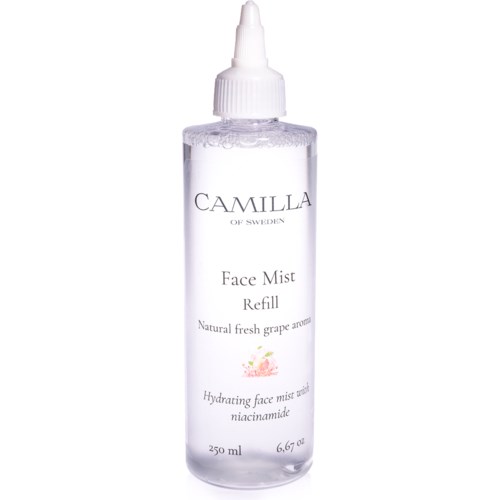 Klares Fläschchen mit weißer Aufsprüher, beschriftet 'Camilla of Sweden Face Mist Refill' mit natürlichem Traubenaroma, 250 ml.
