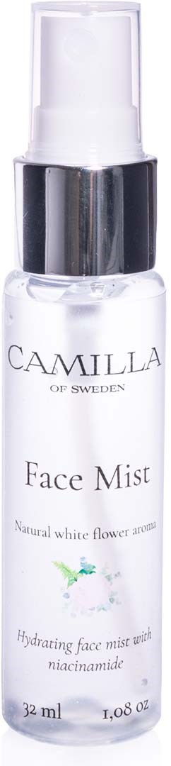 Kleine klare Flasche mit weißem und silbernem Deckel, beschriftet 'Camilla Face Mist' für Gesichtshydratation. Enthält 32 ml.
