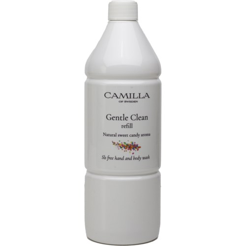 A white bottle labeled 'Camilla Gentle Clean refill' for hand and body wash, with colorful candy aroma description.