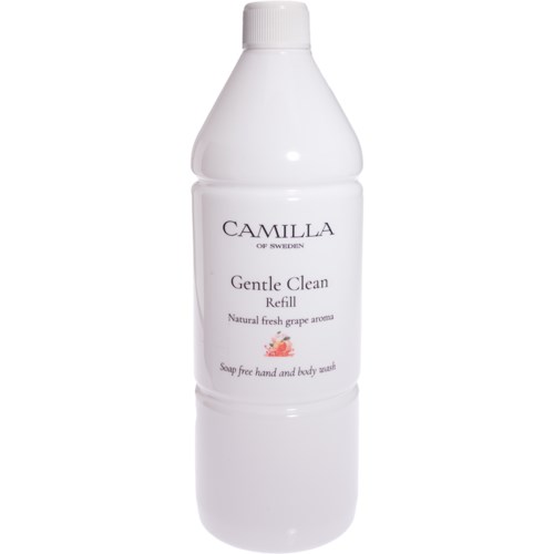 En vit flaska märkt 'Camilla Gentle Clean' med ett druvmotiv, avsedd för påfyllning av hand- och kroppsvård.