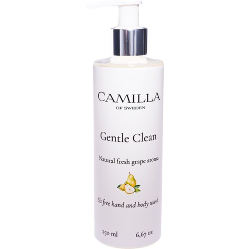 A white bottle with a pump contains Camilla of Sweden hand and body wash with grape scent. It says 'Gentle Clean'.