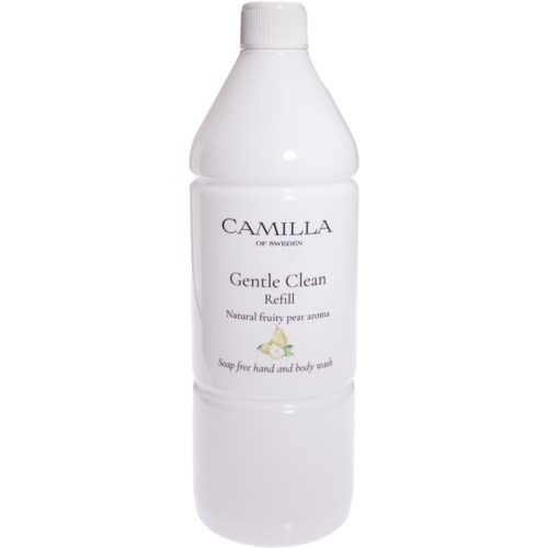 A white plastic bottle with a label for Camilla's gentle clean refill, soap-free hand and body wash with fruity pear scent.