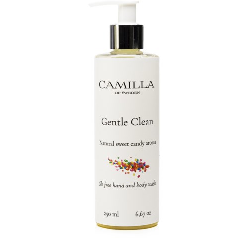 A clear bottle with a pump, labeled Camilla Gentle Clean, contains hand and body wash with candy scent, 250 ml.