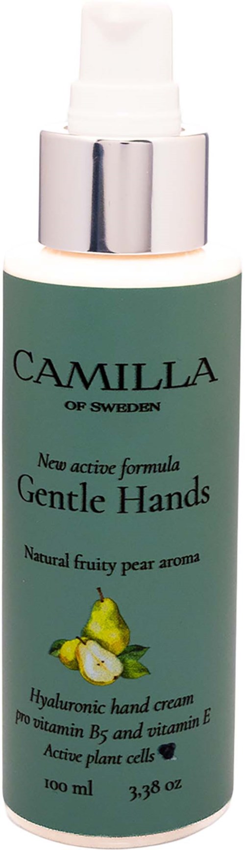 Vihreä purnukka käsivoidetta nimeltä Camilla, päällä päärynän tuoksu ja E-vitamiini, kuva päärynästä.