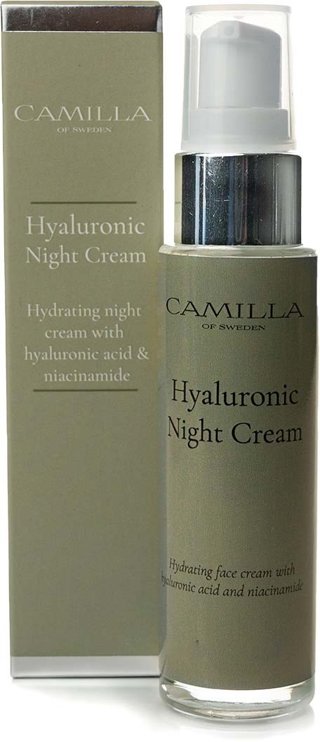 Eine Flasche mitfeuchtigkeitsbindender Nachtcreme mit Hyaluronsäure und Niacinamid, neben der Verpackung.