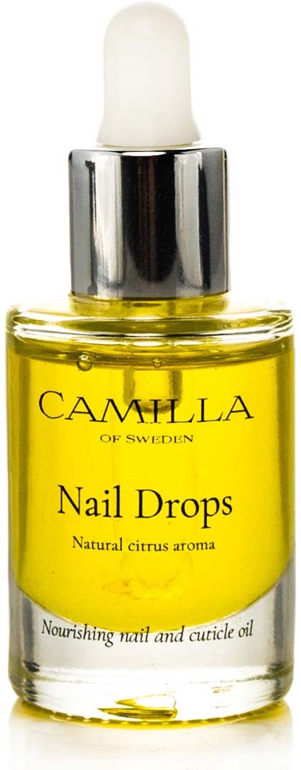 Kleine Glasflasche mit gelber Flüssigkeit, Tropferkappe, beschriftet 'Camilla Nail Drops' mit natürlichem Zitrusduft und Öl.