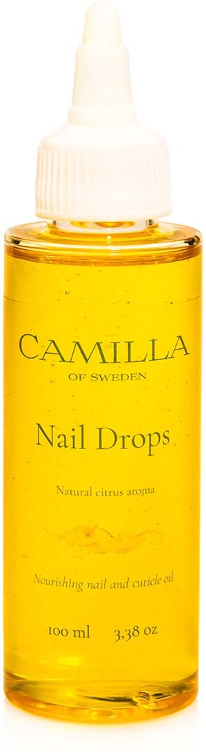 A small yellow bottle with a white dropper cap, labeled 'Camilla Nail Drops' for nail treatment.