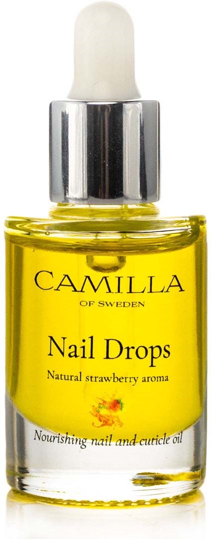 Kleine Glasflasche mit gelbem Inhalt, silberner Deckel und Tropfer. Auf dem Etikett steht 'Camilla Nail Drops' und Erdbeeraroma.