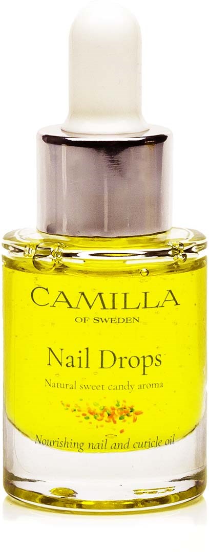 En gul nagelolja i en flaska med vit pipettlock, märkt 'Camilla of Sweden' och 'Nail Drops.'