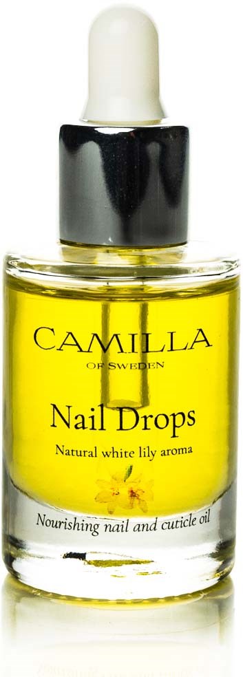 Kleine Glasflasche mit weißen Tropfer, gefüllt mit gelber Nagelöl, beschriftet Camilla Nail Drops.