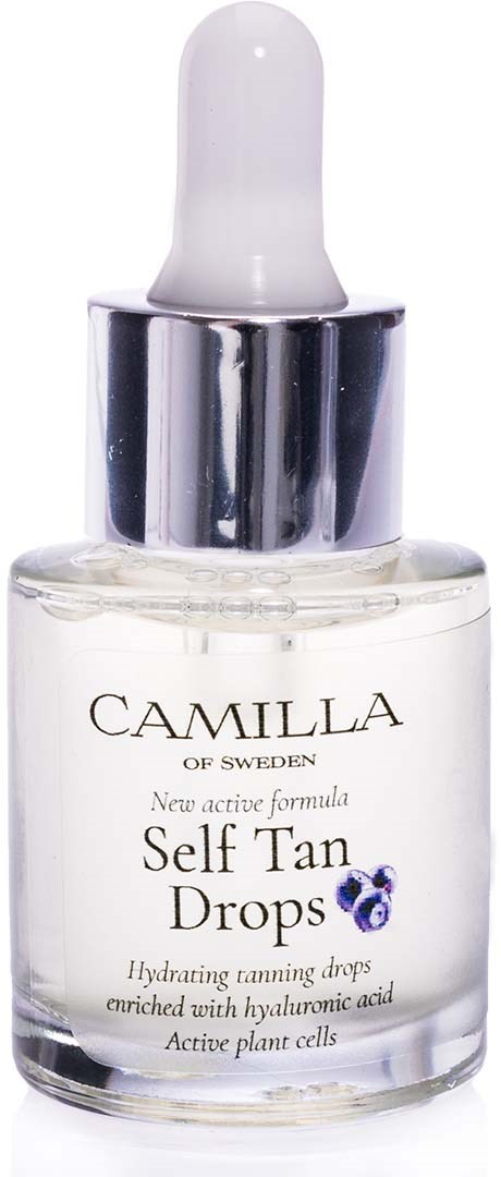 Clear bottle with a dropper, labeled 'Camilla of Sweden Self Tan Drops', containing tanning drops with hyaluronic acid.