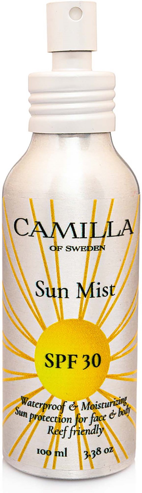 Valkoinen suihkepullo nimeltä Camille Sun Mist SPF 30, tarkoitettu kasvoille ja keholle, vedenkestävä ja kosteuttava.