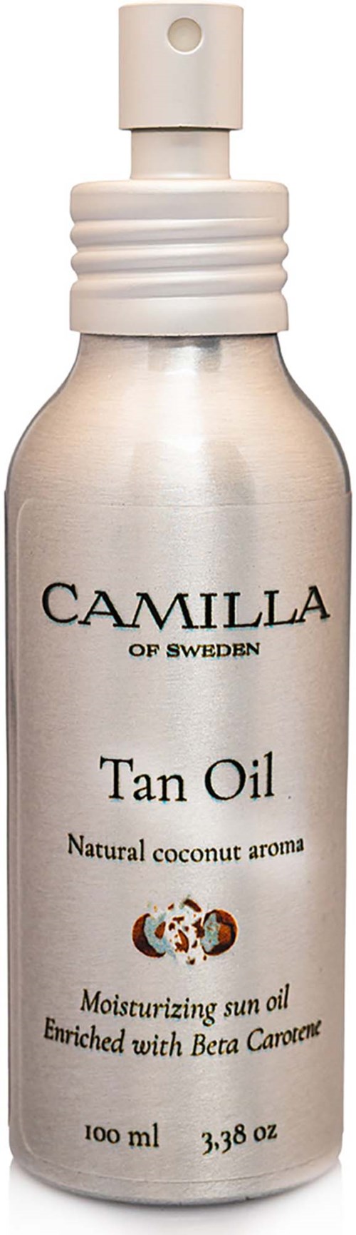Valkoinen pullo auringonestettä, merkitty luonnollisella kookoksen aromilla ja kosteuttavaksi aurinkovoiteeksi.
