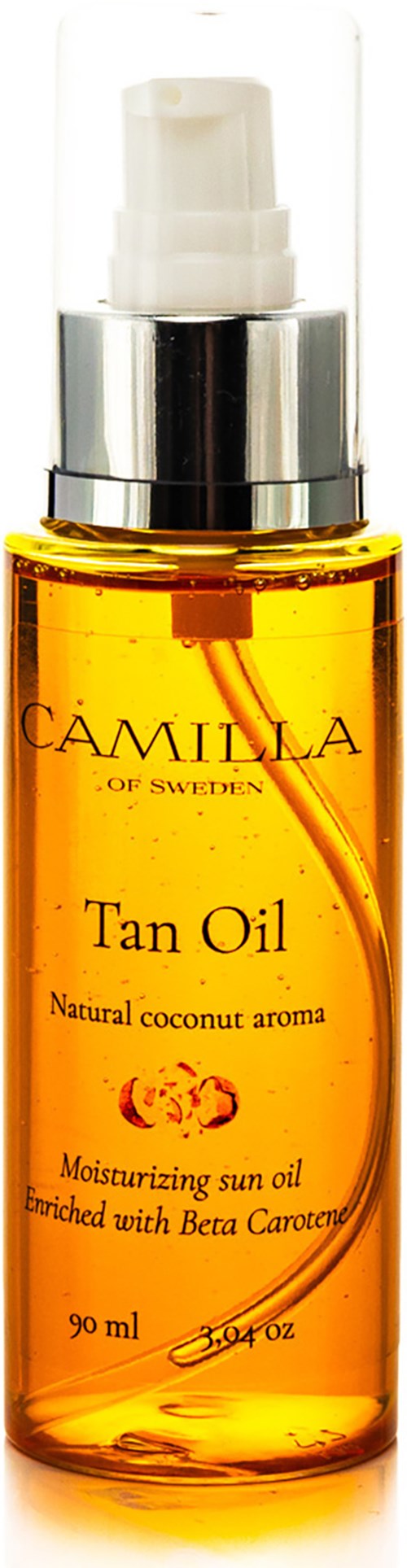 Flasche mit Camilla Tan Oil, natürlicher Kokosduft, feuchtigkeitsspendende Sonnenöl, orange Flüssigkeit, silber- und weißer Verschluss.