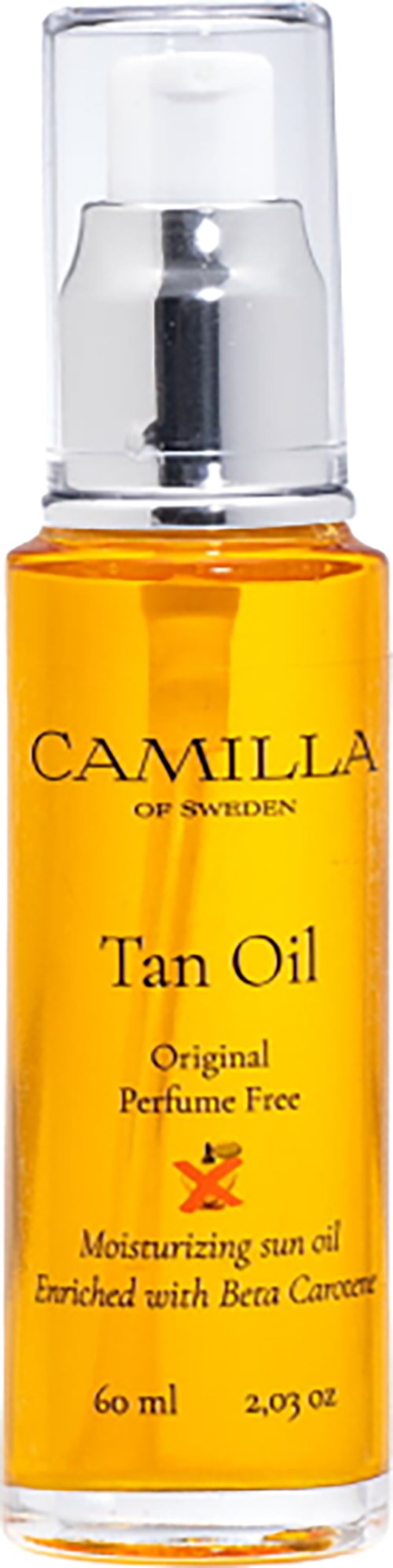 Kleine gelbe Flasche mit durchsichtigem Deckel, beschriftet mit Camilla Tan Oil, feuchtigkeitsspendendes Sonnenöl ohne Parfüm, enthält 60 ml.