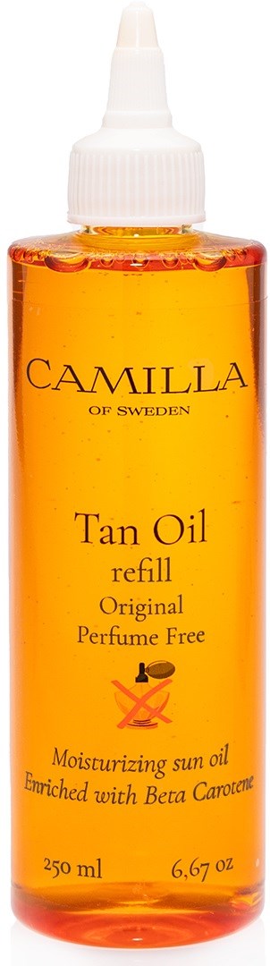 Eine klare orangefarbene Flasche mit Aufdruck Camilla Tan Oil, ohne Parfüm, feuchtigkeitsspendend.