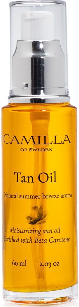 A small bottle of tanning oil, orange liquid, with a clear spray top, labeled Camilla of Sweden, for summer.
