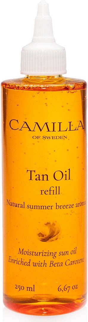 A bottle of Camilla Tan Oil with a white nozzle, orange liquid inside, and label indicating it is for sun tanning.