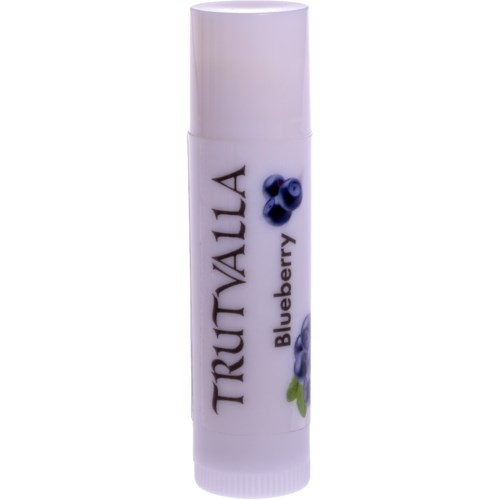 Blueberry flavor lip balm with a white tube and a cap.